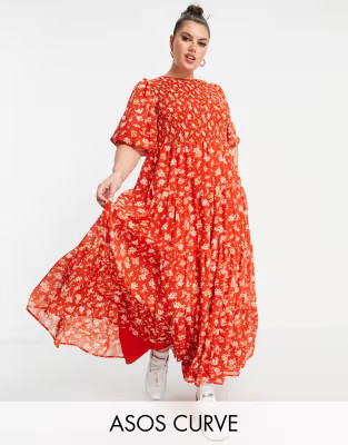 ASOS DESIGN Curve shirred tiered maxi dress in red floral print | ASOS (Global)
