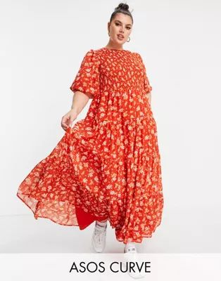 ASOS DESIGN Curve shirred tiered maxi dress in red floral print | ASOS (Global)