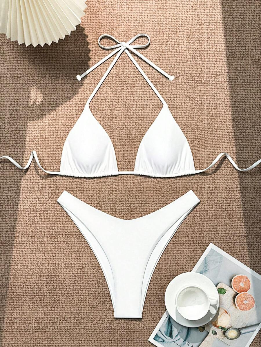Swim Basics Women's Solid Color Halter Neck Tie Sexy Bikini Set For Summer Beach | SHEIN