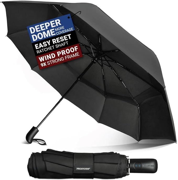 Vented Travel Umbrella | Strong Compact Windproof Umbrella | Deep Dome Coverage | Auto Open/Close... | Amazon (US)