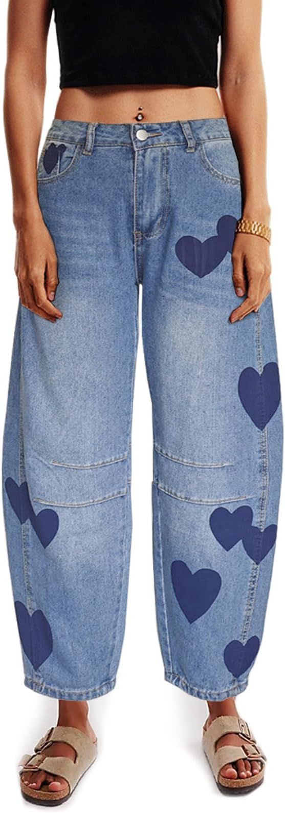 Barrel Jeans for Women Mid Rise Heart Printed Denim Ankle Pants Vintage Baggy Boyfriend Jeans | Amazon (US)