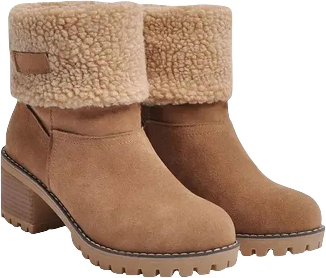 Short Boots Women Comfortable Slip On Mid Chunky Heel Suede Warm Snow Ankle Boots Outdoor Shoes W... | Amazon (US)