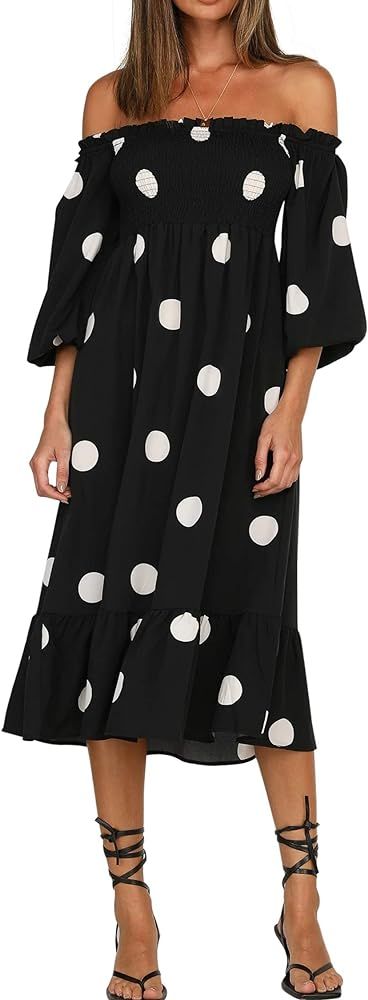 R.Vivimos Women's Summer Cotton Puff Sleeves Casual Vintage Polka Dots Print Off Shoulder Midi Dr... | Amazon (US)
