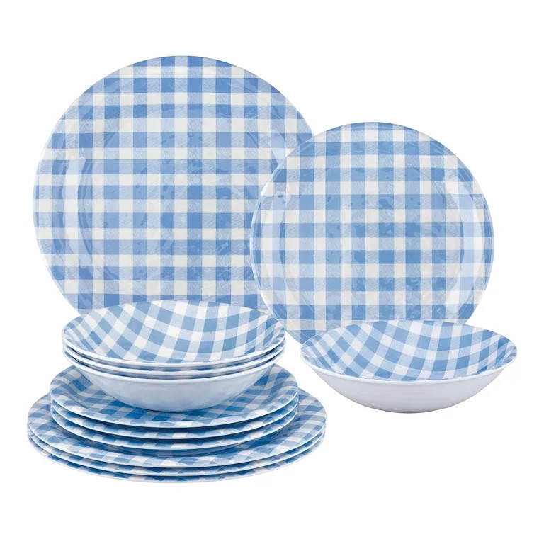UPware 12-Piece Gingham Melamine Dinnerware Set, Blue | Walmart (US)