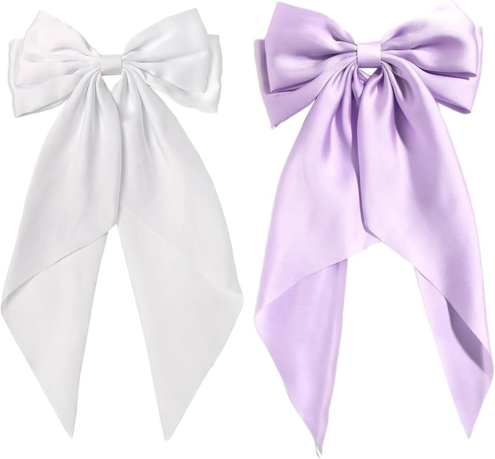 Hair Bows for Women, Beleki Purple Silky Satin Hair Bows White Hair Ribbon with Long Tail Oversiz... | Amazon (US)