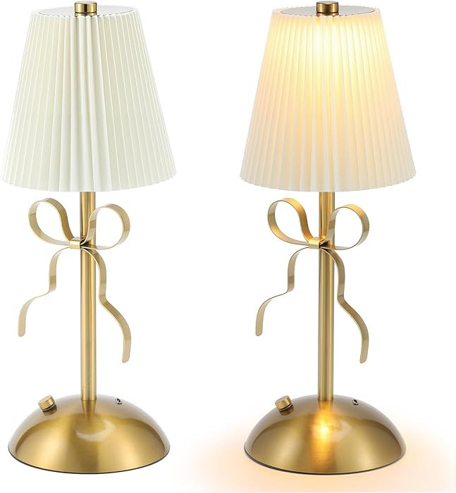 2 Pack Small Gold Bow Table Lamp 12 Inch for Girl's Bedroom Cute Coquette Bow Table Lamp with Fab... | Amazon (US)