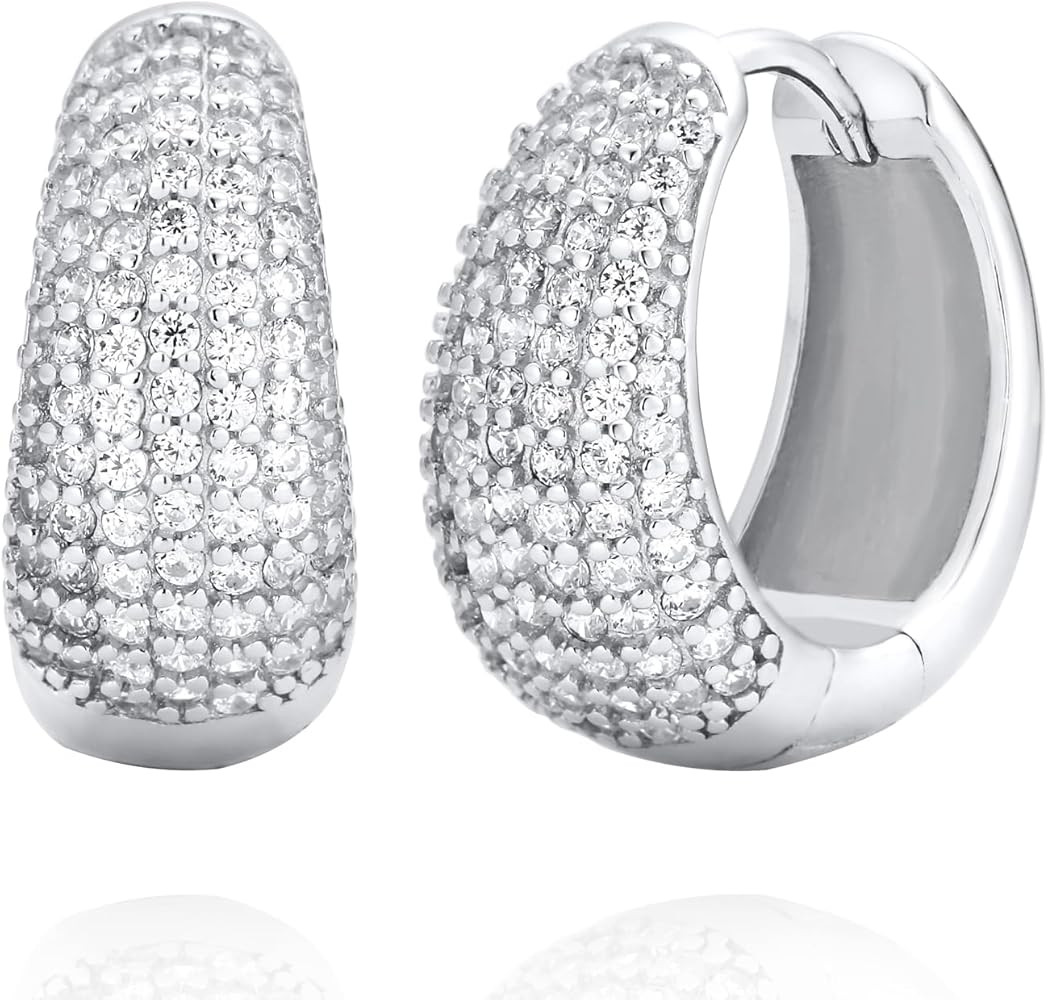 925 Sterling Silver Cubic Zirconia Pave Dome Huggie Chunky Hoop Earrings | Amazon (US)
