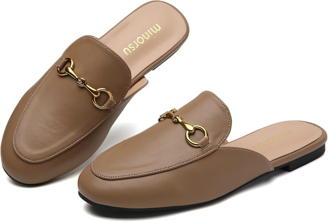 Minorsu Buckle Mules for Women Round Toe Backless Flat Mules Slides Mules Shoes Ladies Slip-on Loafe | Amazon (US)