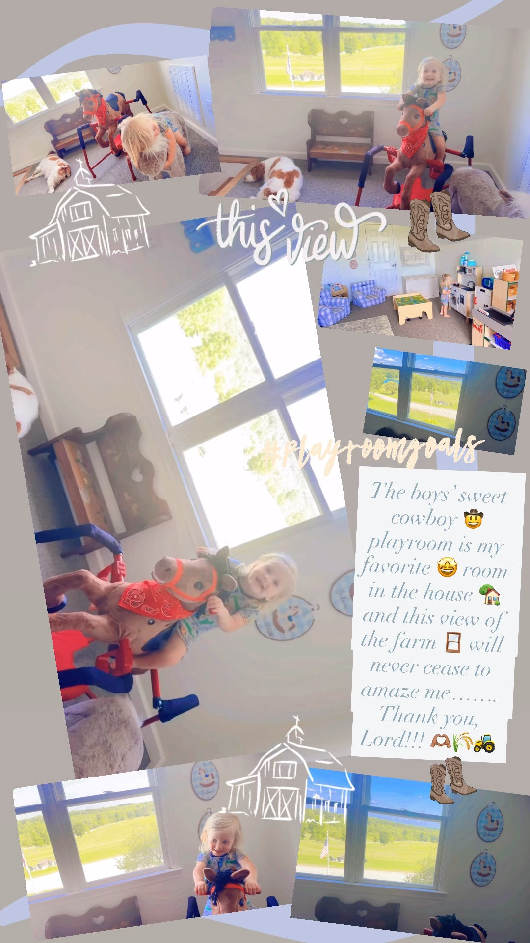 The boys’ sweet cowboy 🤠 playroom is my favorite 🤩 room in the house 🏡 and this view of the farm 🪟 will never cease to amaze me……. Thank you, Lord!!! 🫶🏽🌾🚜