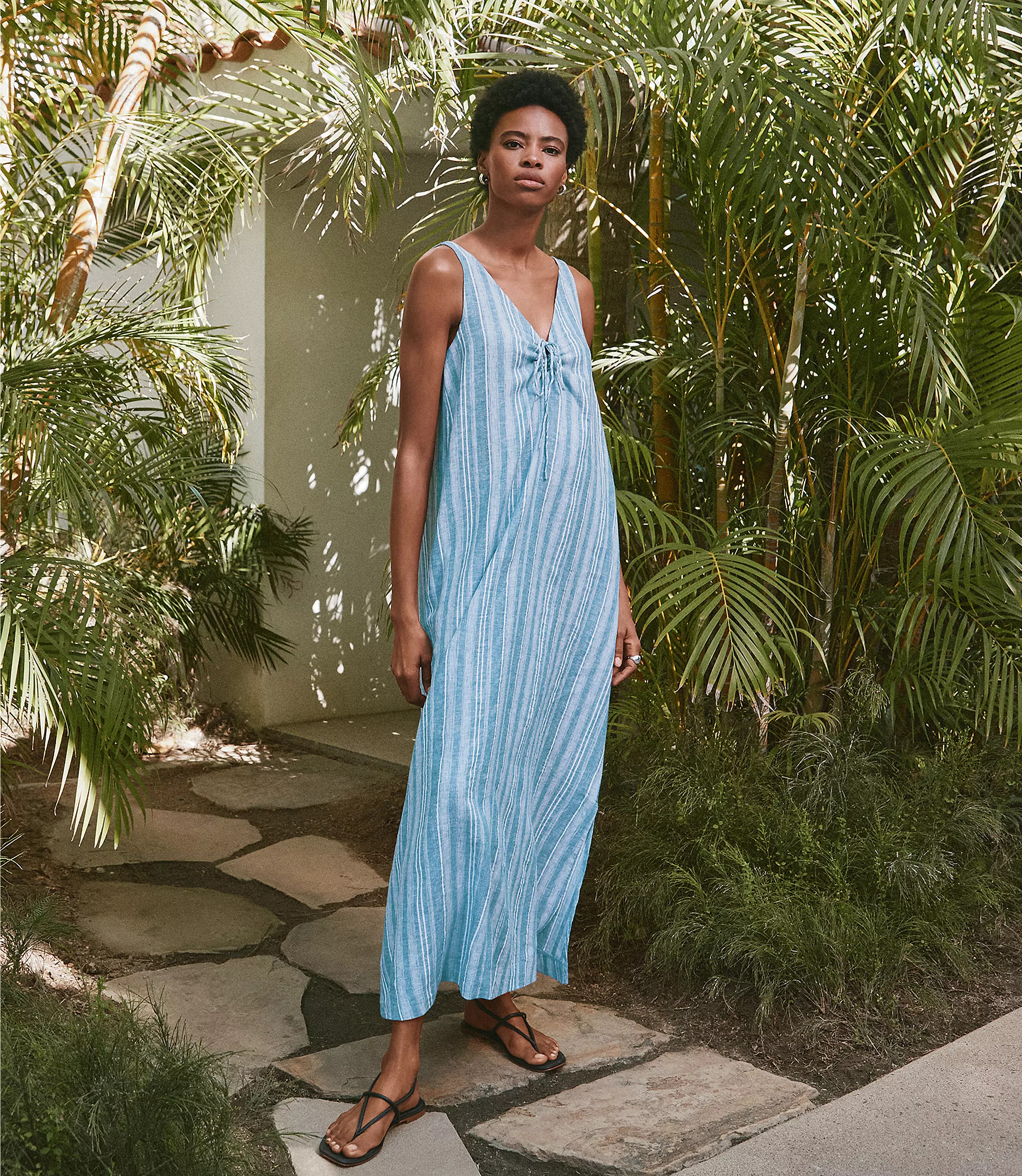 Lou & Grey Striped Linen Cotton Tie Keyhole Maxi Pocket Dress | LOFT