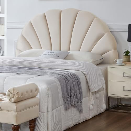 24KF Stunning Crown Design Queen Headboard, Upholstered Soft Velvet Petal Pattern Headboard Queen/Full-Beige | Amazon (US)