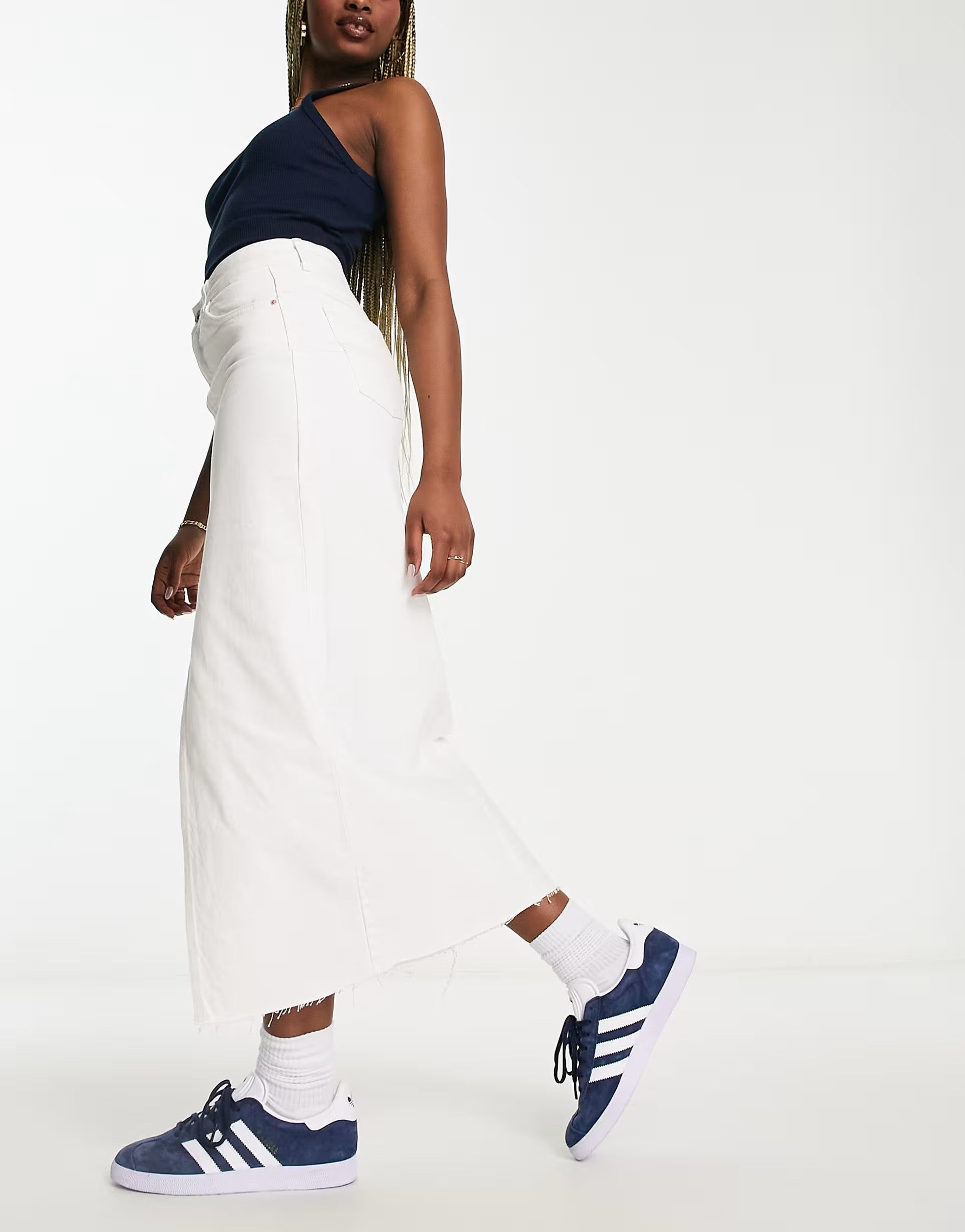 Stradivarius denim midi skirt with front split in white | ASOS (Global)