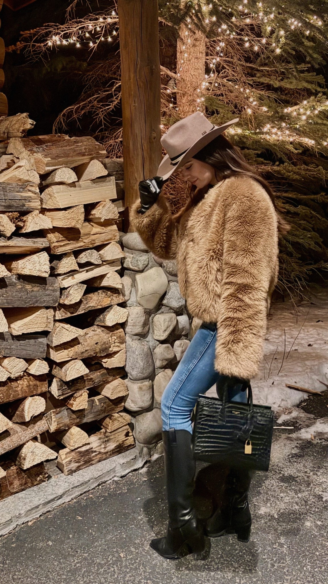 Jackson hole outfit, fur coat, cowboy boots, country style, rustler hat co, black leather gloves, gap denim, YSL bag

#LTKSeasonal #LTKootd #LTKTravel