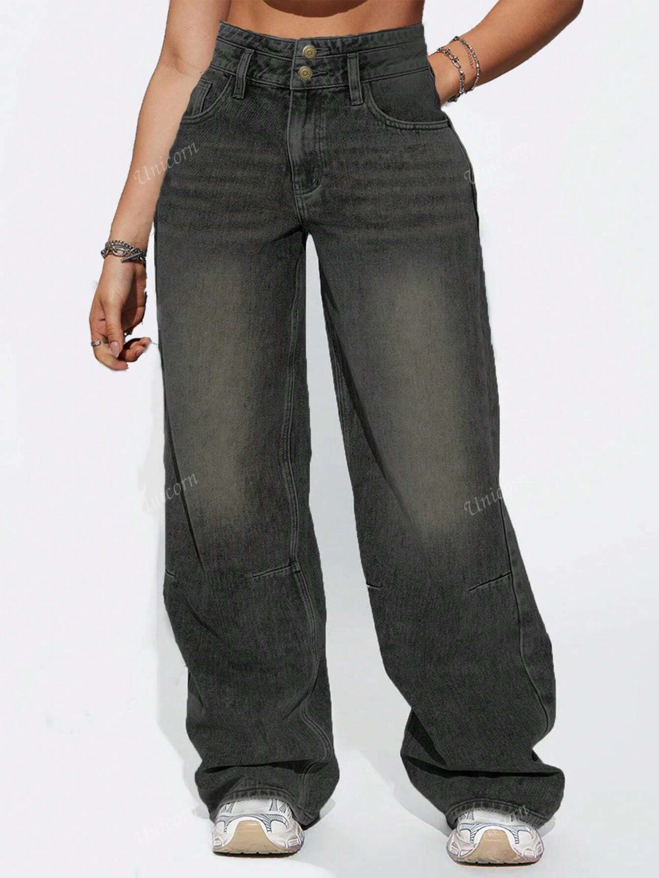 Breasted Design Retro Black Jeans Women's Fall Boyfriend Style Straight Leg Loose Casual Wide Leg... | SHEIN