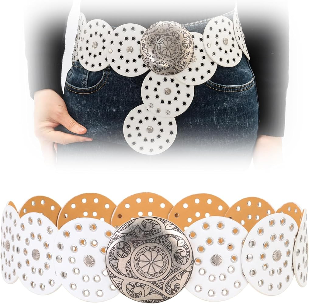 Wide Boho Disc Belt Women Vintage PU Leather Hollow Western Cowboy Metal Buckle Belts Exaggerated... | Amazon (US)