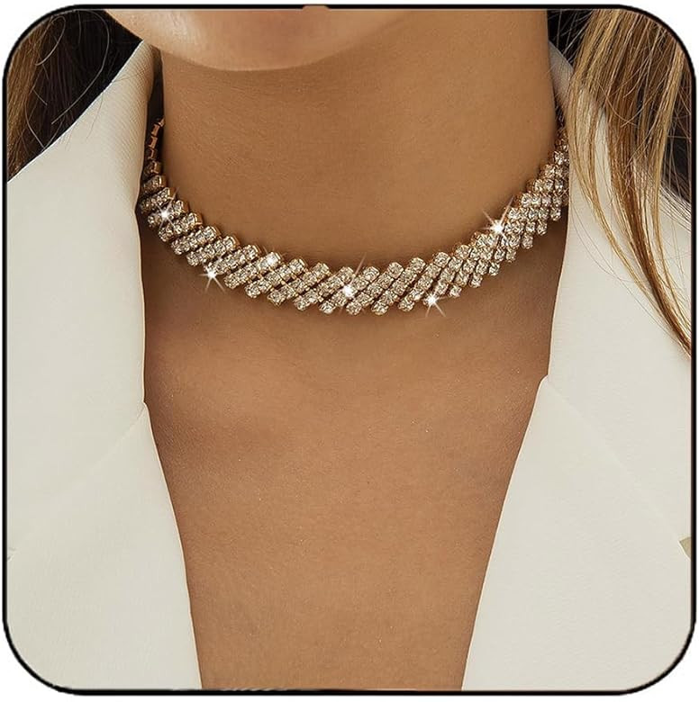 JEAIRTS Rhinestone Choker Necklace Gold Sparkly Crystal Necklaces Party Prom Neck Chain Jewelry f... | Amazon (US)