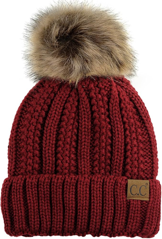 C.C Thick Cable Knit Faux Fuzzy Fur Pom Fleece Lined Skull Cap Cuff Beanie | Amazon (US)