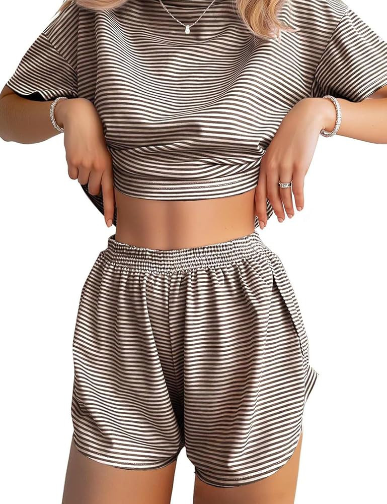 JUSTFASHIONNOW Womens Pajama Sets Shorts Striped Print Two Piece Lounge Sets Crew Neck Sleepwear ... | Amazon (US)