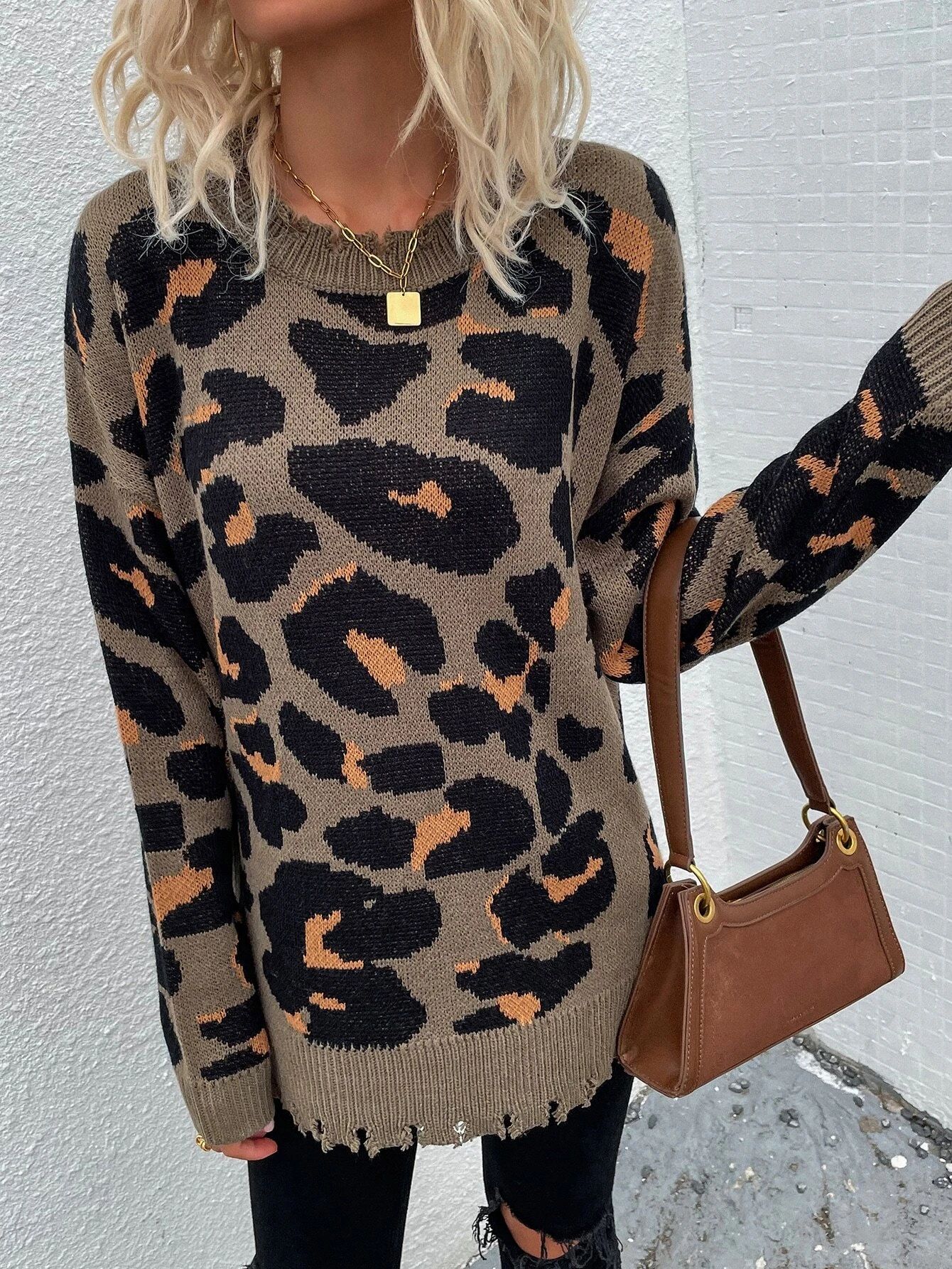 Leopard Pattern Drop Shoulder Asymmetrical Hem Sweater | SHEIN