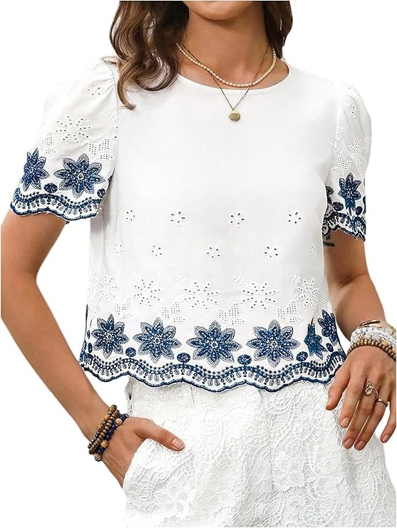 SweatyRocks Women's Short Sleeve Floral Embroidery Blouse Boho Summer Hollow Out Eyelet Tops | Amazon (US)