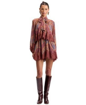 Avec Les Filles Women's Tie-Neck Long-Sleeve Tiered Mini Dress - Cognac Medallion Scarf | Macy's