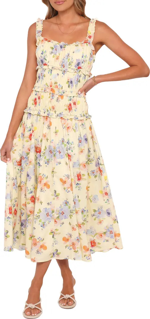 Enola Shirred Ruffle Trim Midi Dress | Nordstrom