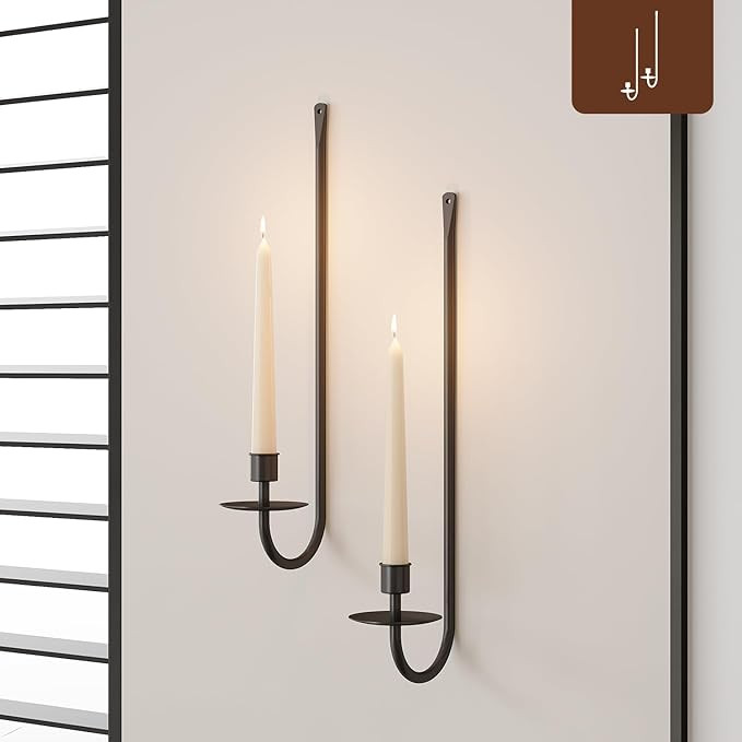 Metal Wall Candle Sconce Holder Set of 2 Wall Mount Candle Holder Pillar Holder Black Modern Wall... | Amazon (US)