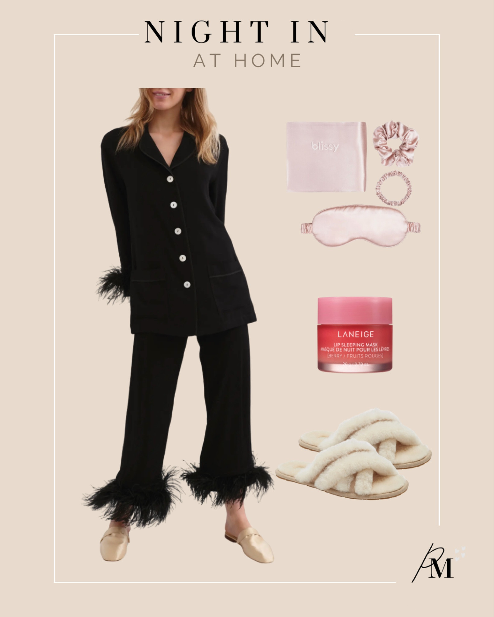 silk feather trim pajamas
silk eye mask & pillow case 
lip mask 
ugg slippers 

#LTKfindsunder100 #LTKhome #LTKSeasonal