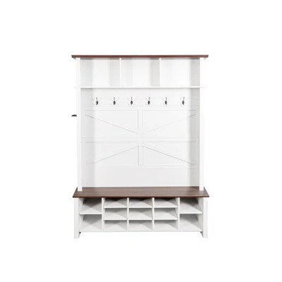 Farmhouse 4-In-1 Hall Tree With 6 Hooks, Practical Entryway Bench With Adjustable Shelves, Wooden Style Rustic Shoe Organizer With 16 Open Compartment | Wayfair North America