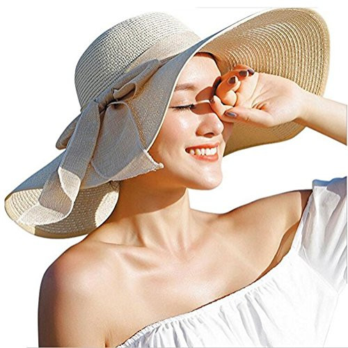 Womens Sun Straw Hat Wide Brim Summer Hat Foldable Roll up Floppy Beach Hats with Big Bowknot UPF... | Amazon (CA)