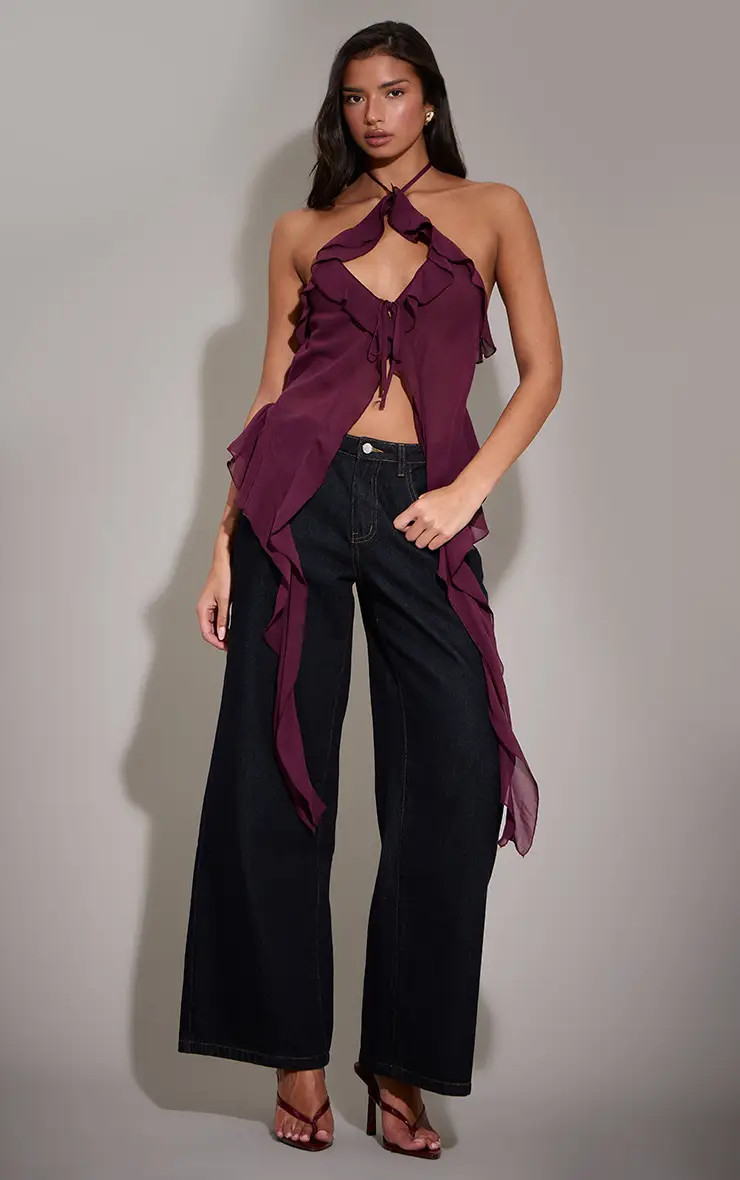 Plum Chiffon Ruffle Drape Detail Longline Top | PrettyLittleThing US