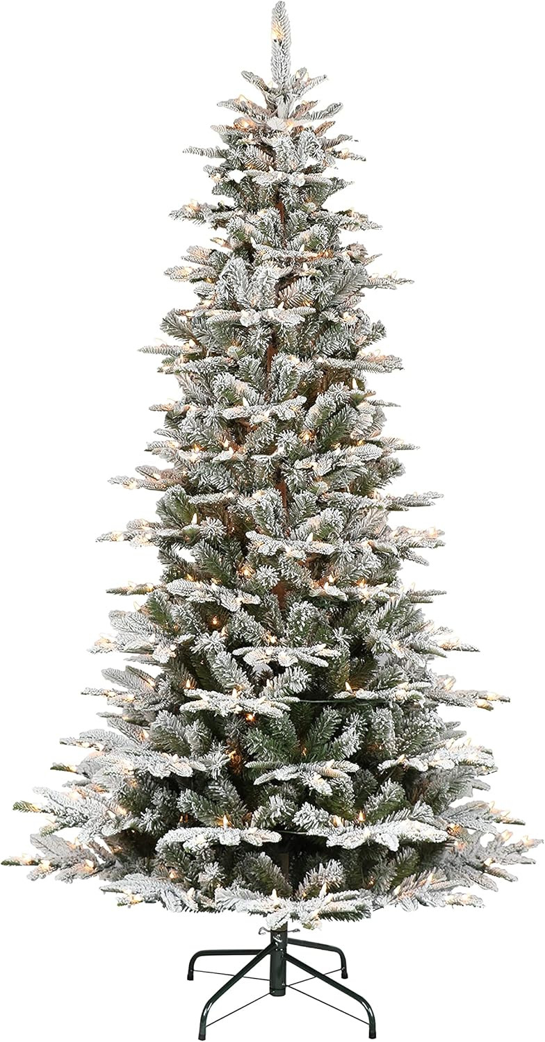 Puleo International 7.5 Foot Pre-Lit Slim Flocked Aspen Fir Artificial Christmas Tree with 450 Cl... | Amazon (US)