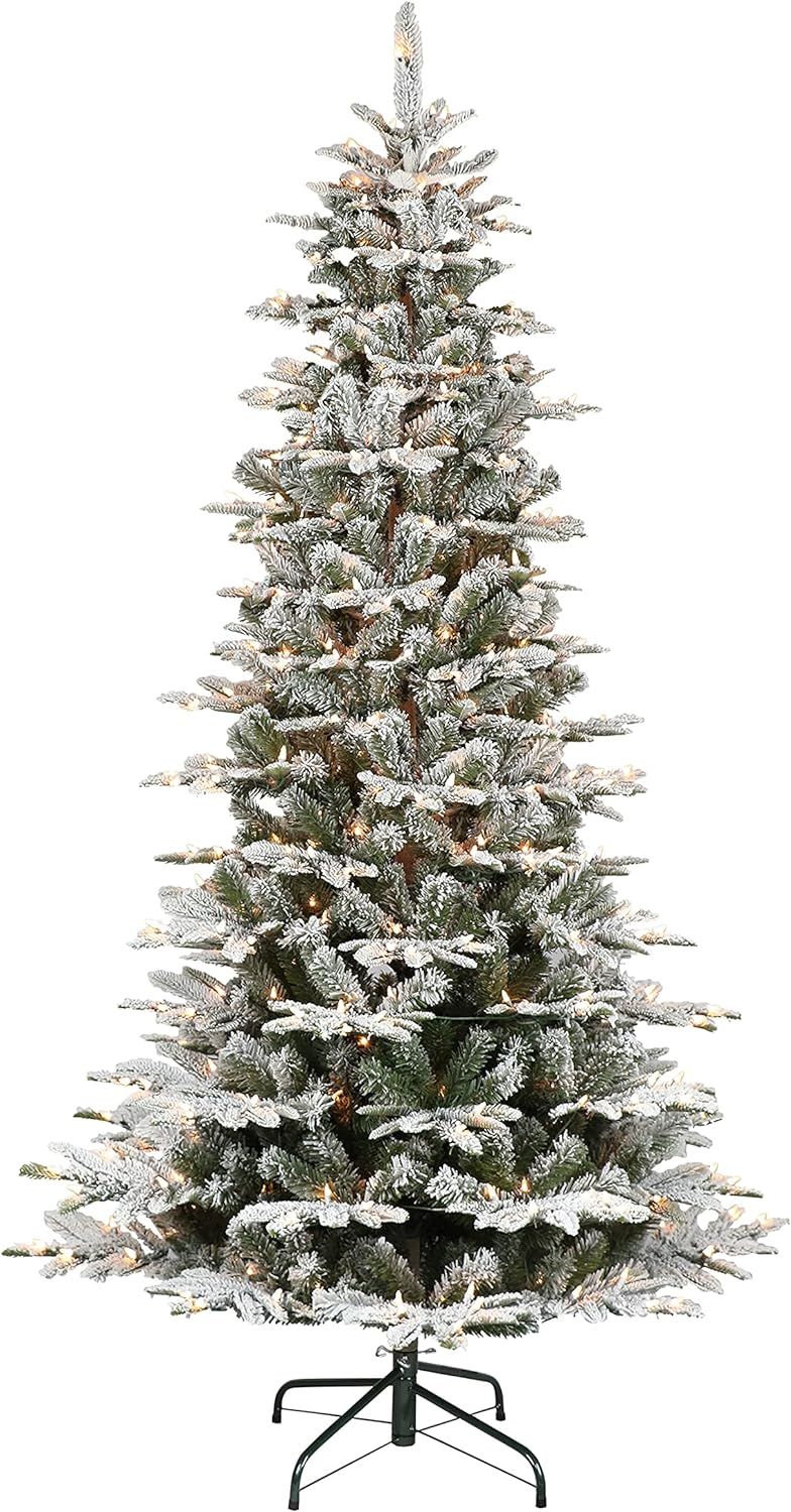 Puleo International 7.5 Foot Pre-Lit Slim Flocked Aspen Fir Artificial Christmas Tree with 450 Cl... | Amazon (US)