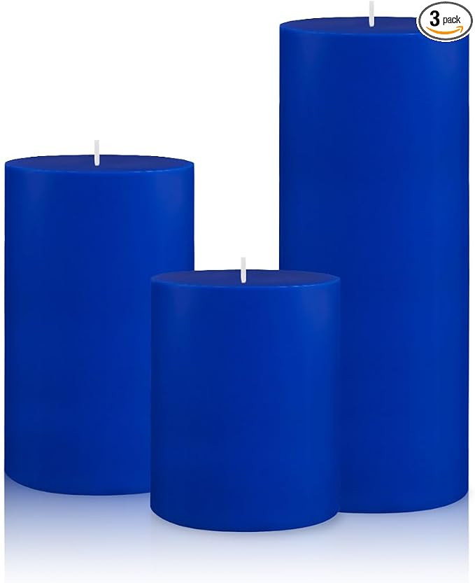 Set of 3 Different Size Blue Colored Pillar Candles, Unscented Dripless 2.75x3, 2.75x4, 2.75x6 In... | Amazon (US)
