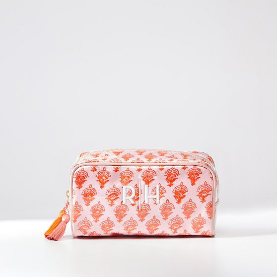 Clear Coated Travel Makeup Pouch, Pink-Orange Block Print | Mark and Graham