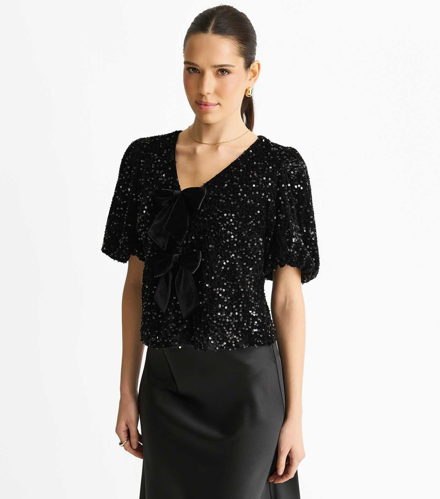 Gini London Velvet Sequin Bow Front Top | New Look | New Look (UK)