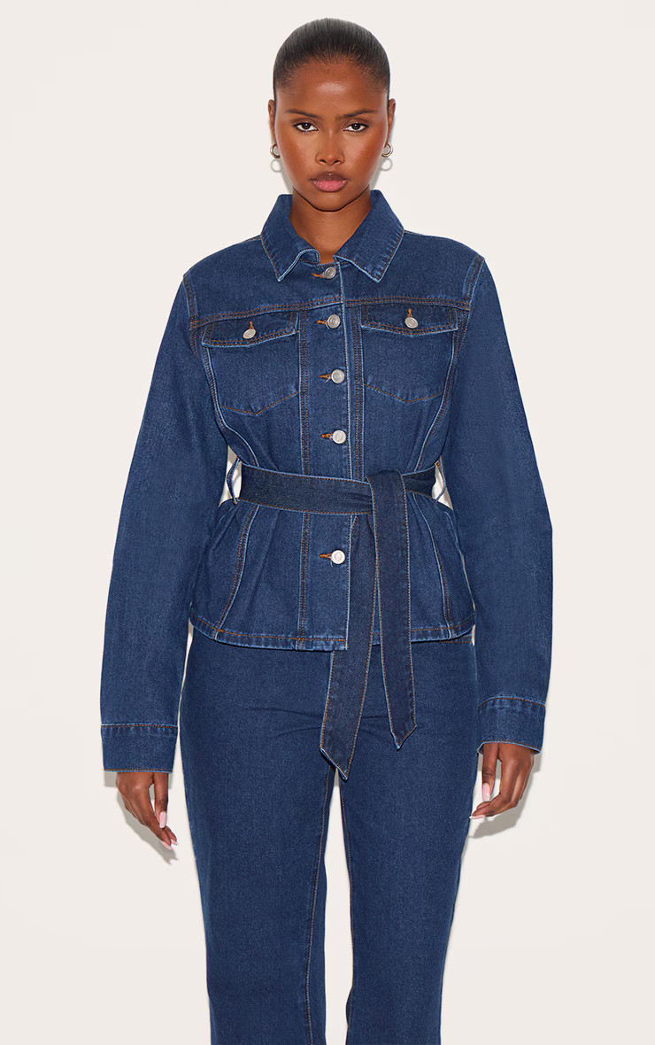Dark Blue Contrast Stitch Cinched Waist Belted Denim Jacket | PrettyLittleThing UK
