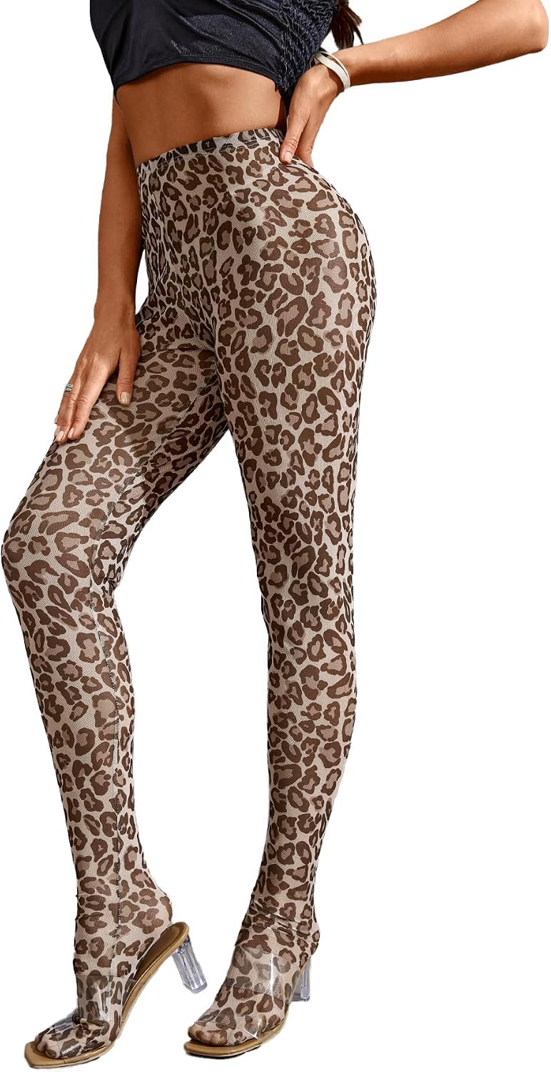MakeMeChic Women's Leopard Print Tights Mesh High Waist Skinny Pants Y2K Leggings | Amazon (US)