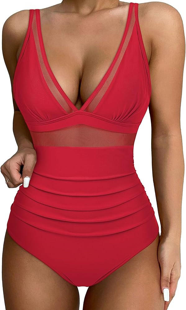 SUUKSESS Women Sexy Mesh Tummy Control Swimsuit Push Up High Waisted Bathing Suit | Amazon (US)