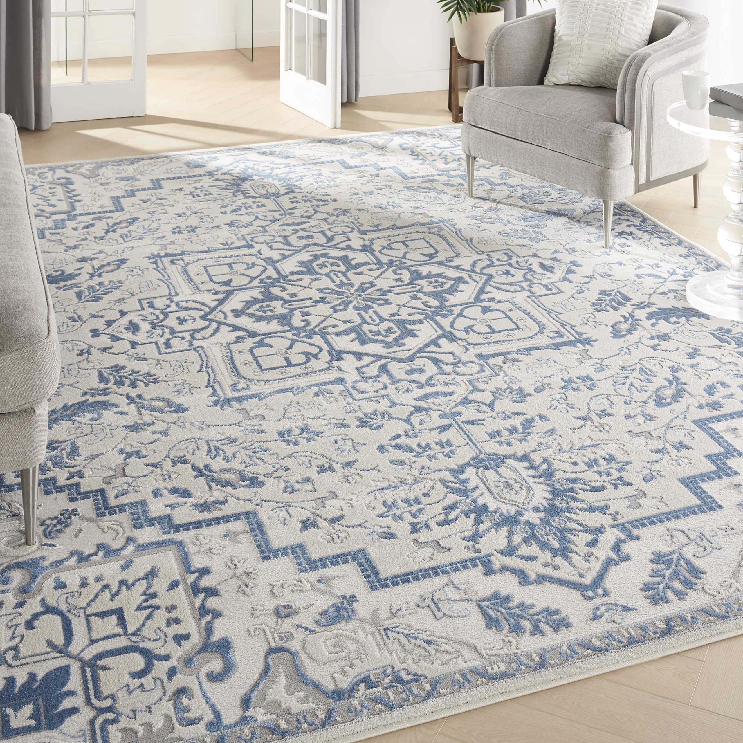 Amazon.com: Nourison Elation Persian Floral Traditional Ivory Blue 8' x 10' Area Rug , 7'10" x 9'... | Amazon (US)