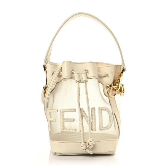 FENDI Mesh Vitello King F is Fendi Logo Embroidered Mini Mon Tresor Bucket Bag Sabbia White Ice | FASHIONPHILE (US)