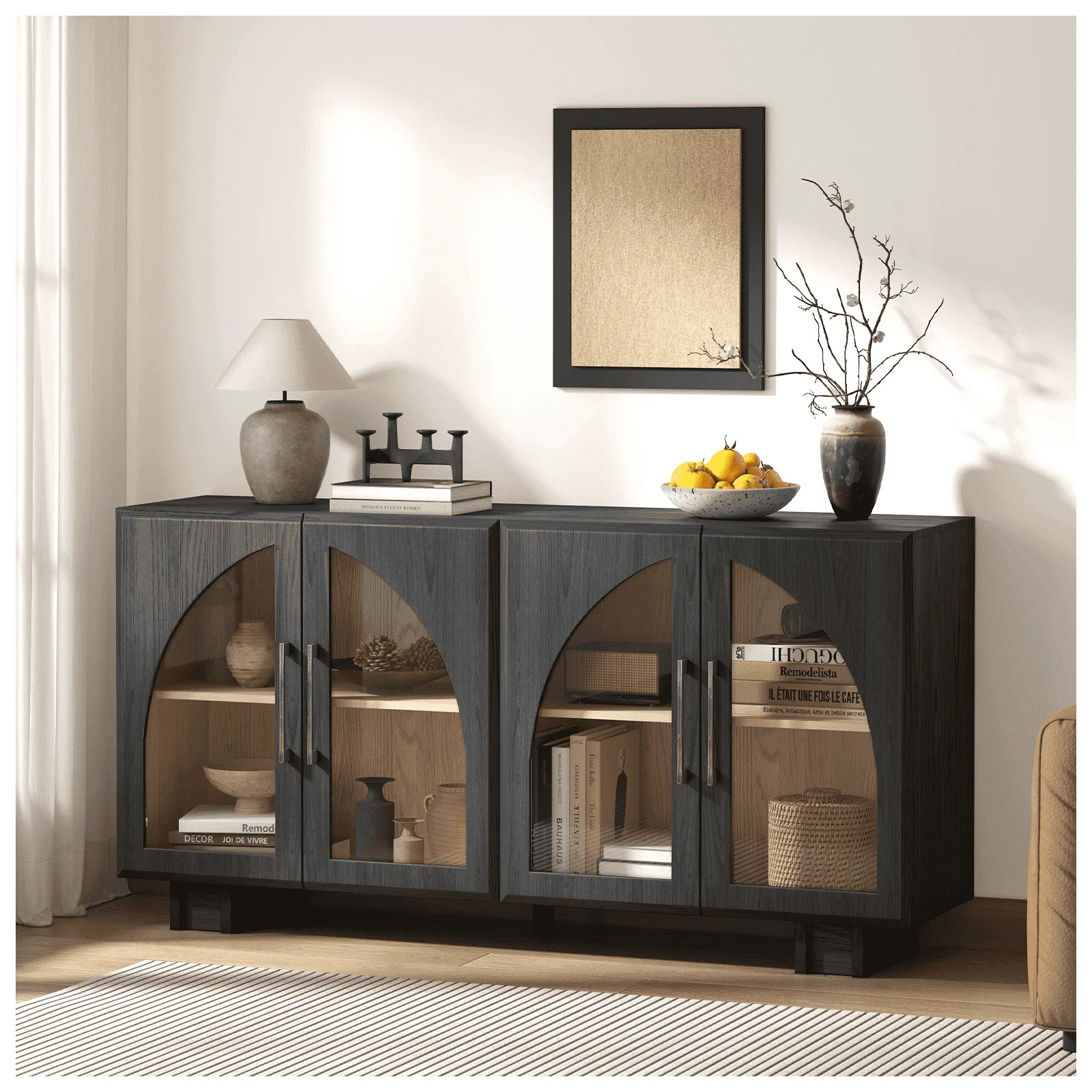 JOINICE Sideboard Buffet Cabinet with Arched Glass Doors,Modern Accent Console Wood Black Cabinet... | Walmart (US)