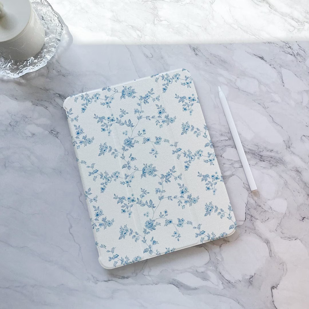 Pretty flowers on light blue floral iPad case, iPad Air 5 iPad 10 10.9" 2022 iPad Pro 12.9'' 2021... | Etsy (US)