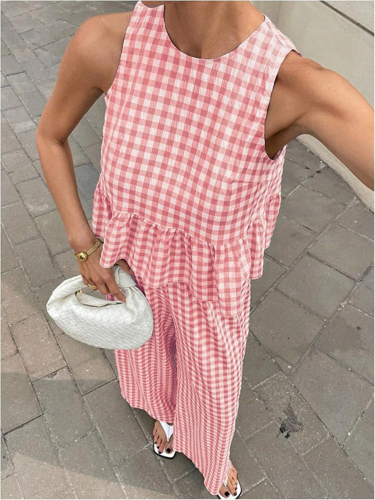 SOLY HUX Women's 2 Piece Outfits Plaid Gingham Open Back Ruffle Tops and Pants Summer Vacation Go... | Amazon (US)