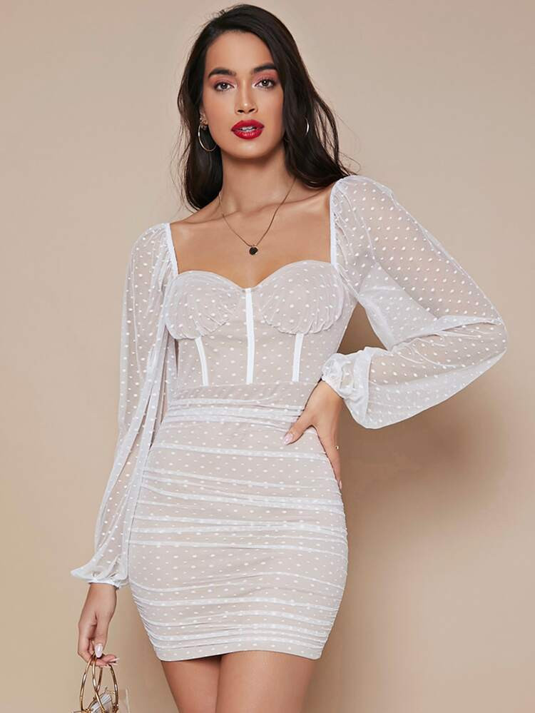 SHEIN SHEIN Belle Sweetheart Neck Binding Trim Lantern Sleeve Swiss Dot Bustier Dress | SHEIN