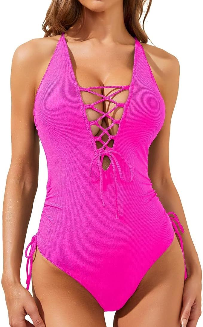 Holipick Women Sexy One Piece Bathing Suit Lace Up Swimsuit Plunge V Neck Swimwear | Amazon (US)