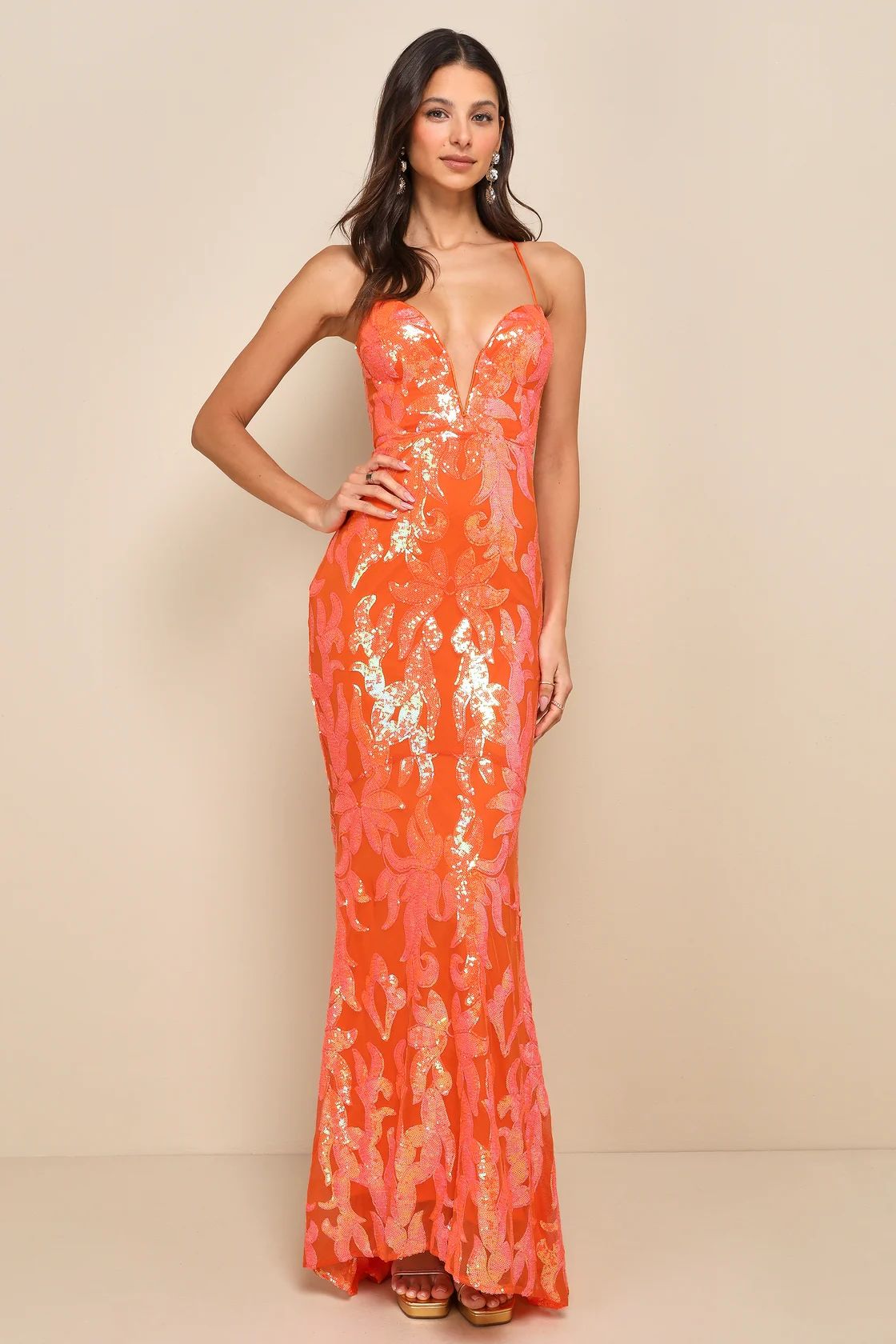 Glittering Sensation Orange Iridescent Sequin Lace-Up Maxi Dress | Lulus