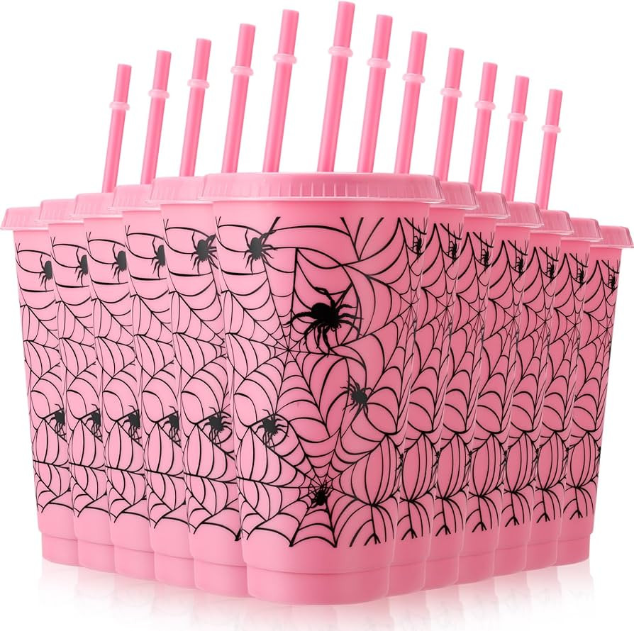 24 Pcs Halloween Cups with Lids and Straws Spiderweb Halloween Plastic Cups 24 Oz Bulk Pink Mugs ... | Amazon (US)
