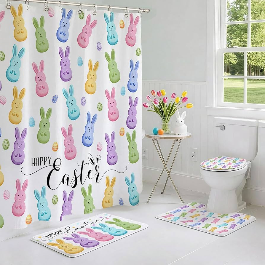 Mocsicka Easter Bunny Shower Curtain Set for Bathroom, 4Pcs Happy Easter Bathroom Sets with Non S... | Amazon (US)