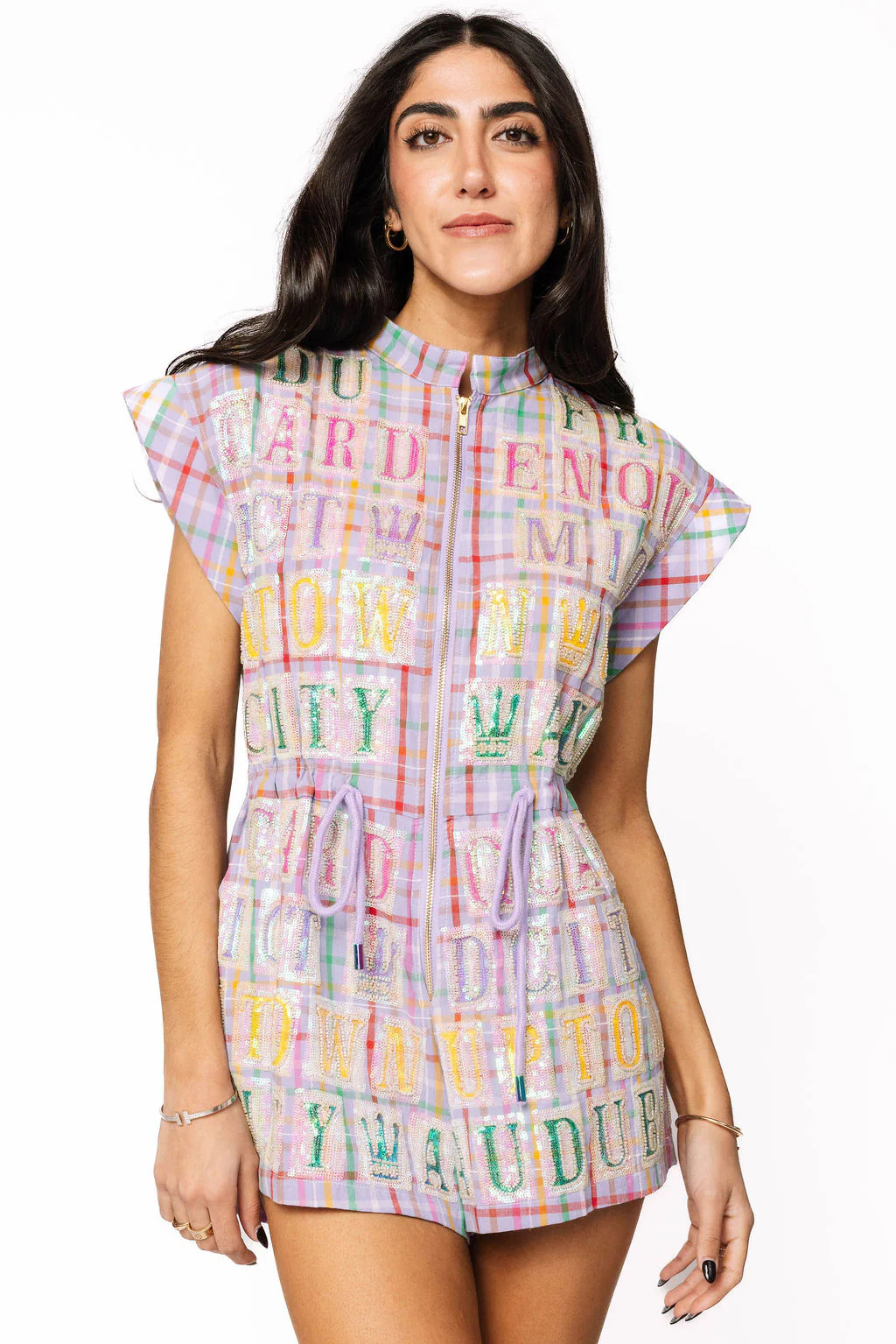 Lavender Plaid Street Tile Zip Up Romper | Queen of Sparkles